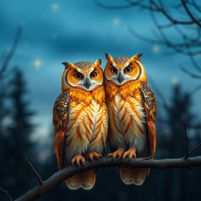 A beautiful and serene scene featuring a golden owl couple perched on a branch under a twilight sky