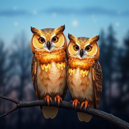 A beautiful and serene scene featuring a golden owl couple perched on a branch under a twilight sky