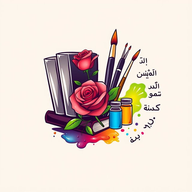 A creative logo for a literary and artistic association, featuring several glass books, a rose, multiple art brushes, and vibrant paints