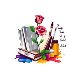 A creative logo for a literary and artistic association, featuring several glass books, a rose, multiple art brushes, and vibrant paints