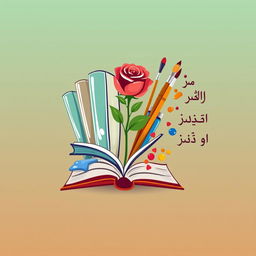 A creative logo for a literary and artistic association, featuring several glass books, a rose, multiple art brushes, and vibrant paints