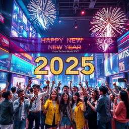 A vibrant and futuristic New Year celebration scene set in a techno-themed environment, featuring dazzling LED displays, neon lights, and a high-tech cityscape