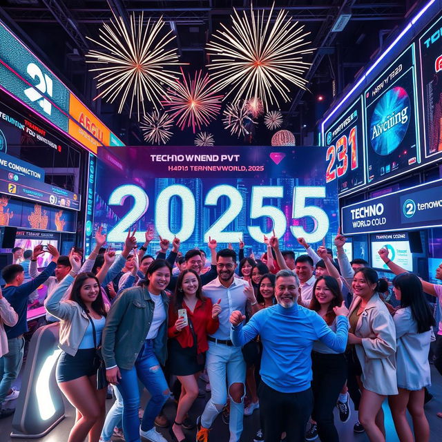 A vibrant and futuristic New Year celebration scene set in a techno-themed environment, featuring dazzling LED displays, neon lights, and a high-tech cityscape