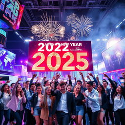 A vibrant and futuristic New Year celebration scene set in a techno-themed environment, featuring dazzling LED displays, neon lights, and a high-tech cityscape