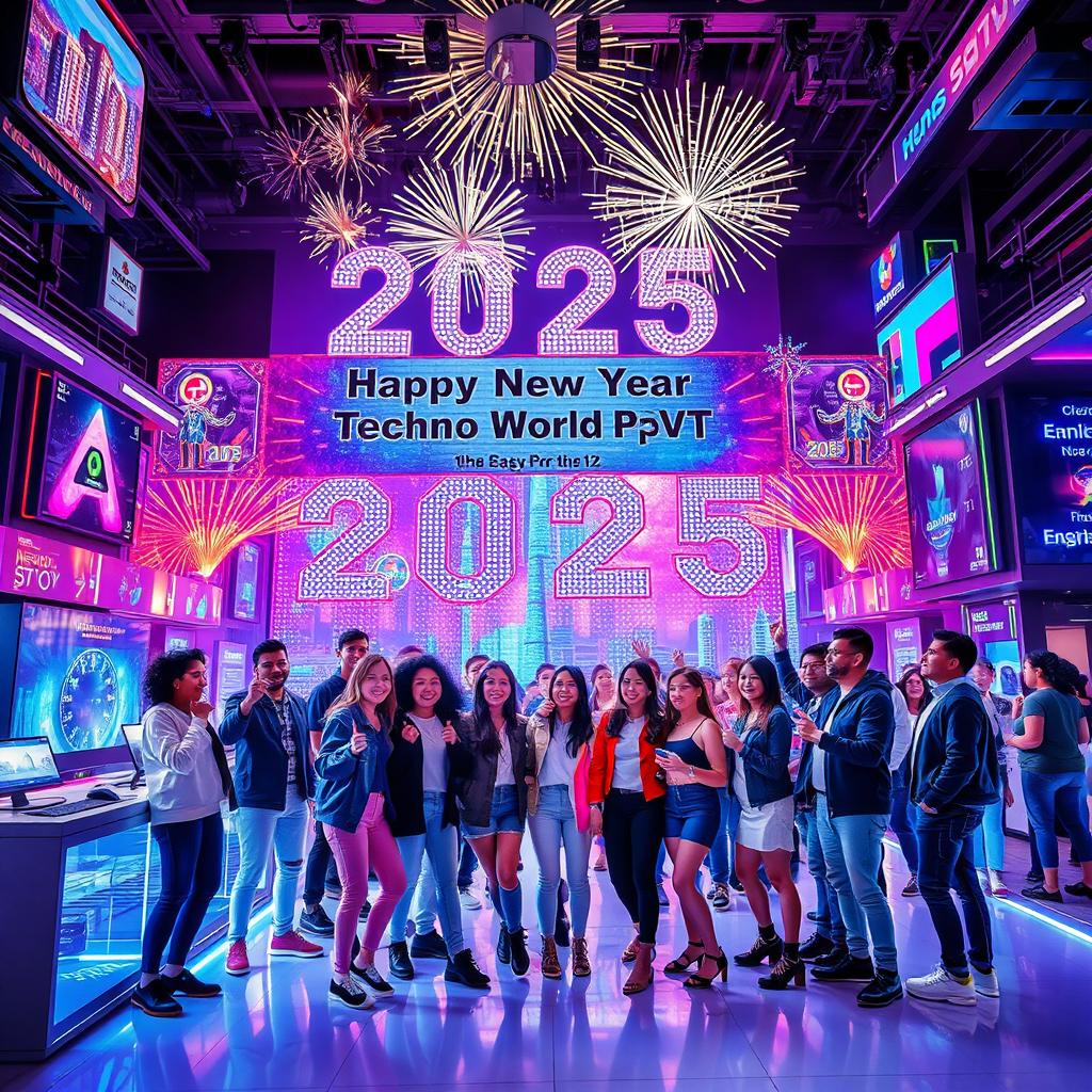 A vibrant and futuristic New Year celebration scene set in a techno-themed environment, featuring dazzling LED displays, neon lights, and a high-tech cityscape