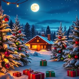 A festive Christmas background featuring snow-covered pine trees, twinkling fairy lights, and colorful ornaments