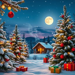 A festive Christmas background featuring snow-covered pine trees, twinkling fairy lights, and colorful ornaments