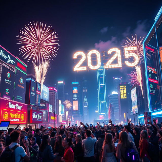 A vibrant and futuristic New Year celebration for 2025, featuring a high-tech cityscape illuminated by dazzling lights