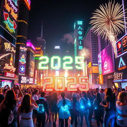A vibrant and futuristic New Year celebration for 2025, featuring a high-tech cityscape illuminated by dazzling lights