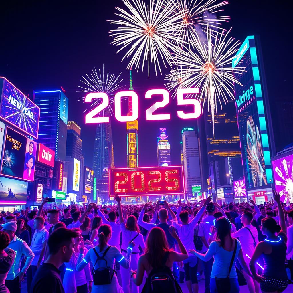 A vibrant and futuristic New Year celebration for 2025, featuring a high-tech cityscape illuminated by dazzling lights