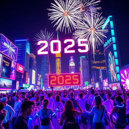 A vibrant and futuristic New Year celebration for 2025, featuring a high-tech cityscape illuminated by dazzling lights