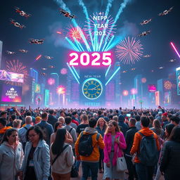 A vibrant new year's celebration for 2025, set in a futuristic techno world filled with neon lights, advanced holograms, and digital displays showcasing the New Year countdown