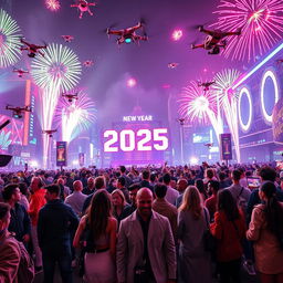 A vibrant new year's celebration for 2025, set in a futuristic techno world filled with neon lights, advanced holograms, and digital displays showcasing the New Year countdown