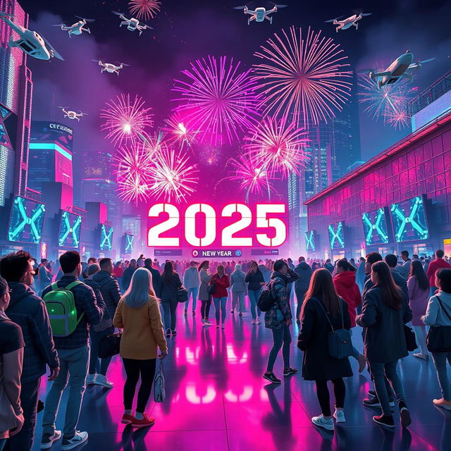 A vibrant new year's celebration for 2025, set in a futuristic techno world filled with neon lights, advanced holograms, and digital displays showcasing the New Year countdown