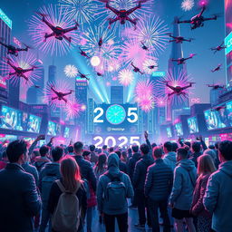 A vibrant new year's celebration for 2025, set in a futuristic techno world filled with neon lights, advanced holograms, and digital displays showcasing the New Year countdown
