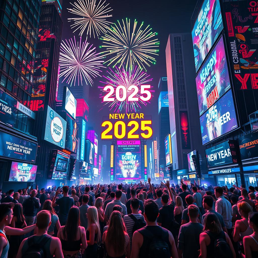 A lively celebration for New Year 2025 set in a dazzling techno world, bursting with vibrant neon lights and futuristic elements