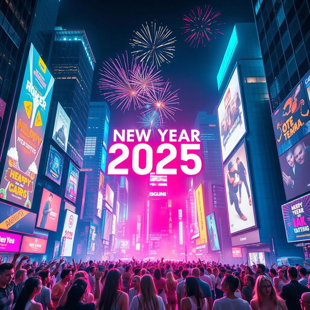 A lively celebration for New Year 2025 set in a dazzling techno world, bursting with vibrant neon lights and futuristic elements