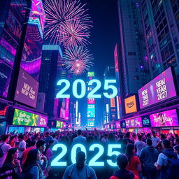 A lively celebration for New Year 2025 set in a dazzling techno world, bursting with vibrant neon lights and futuristic elements
