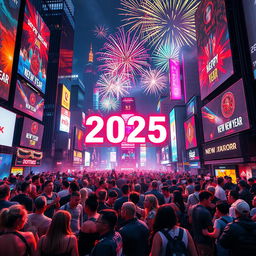 A lively celebration for New Year 2025 set in a dazzling techno world, bursting with vibrant neon lights and futuristic elements
