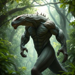 A powerful and muscular creature, with rippling muscles and an imposing stature, showcasing a combination of human and beastly features