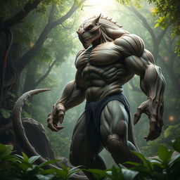 A powerful and muscular creature, with rippling muscles and an imposing stature, showcasing a combination of human and beastly features