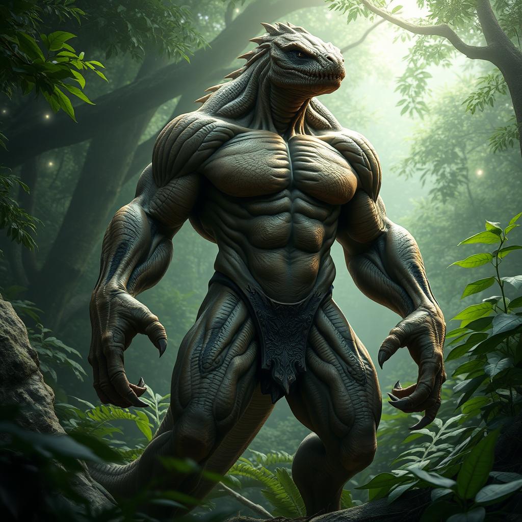 A powerful and muscular creature, with rippling muscles and an imposing stature, showcasing a combination of human and beastly features