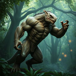 A powerful and muscular creature, with rippling muscles and an imposing stature, showcasing a combination of human and beastly features