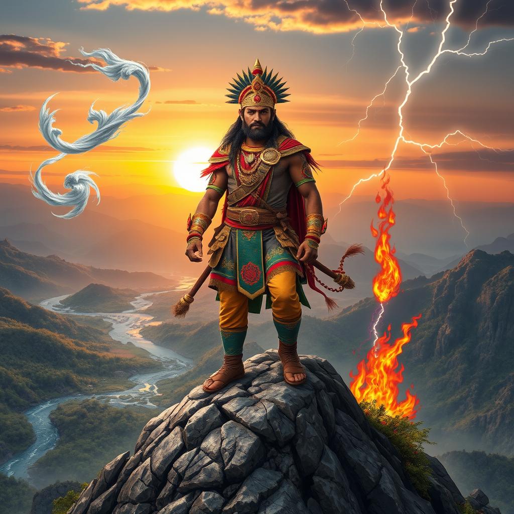 A majestic Sunuwar warrior from Nepal, standing confidently atop a rugged mountain peak, surrounded by the five elements of nature