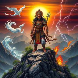 A majestic Sunuwar warrior from Nepal, standing confidently atop a rugged mountain peak, surrounded by the five elements of nature