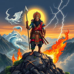 A majestic Sunuwar warrior from Nepal, standing confidently atop a rugged mountain peak, surrounded by the five elements of nature