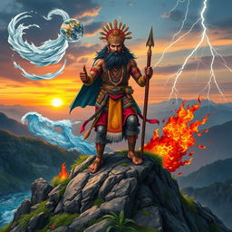 A majestic Sunuwar warrior from Nepal, standing confidently atop a rugged mountain peak, surrounded by the five elements of nature