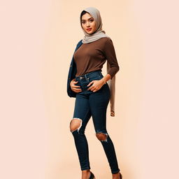 A captivating photo of a beautiful Asian woman dressed in stylish ripped jeans and high heels