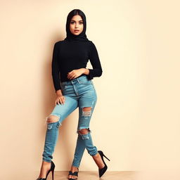 A captivating photo of a beautiful Asian woman dressed in stylish ripped jeans and high heels
