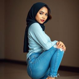 A captivating photo of a beautiful Asian woman dressed in stylish ripped jeans and high heels