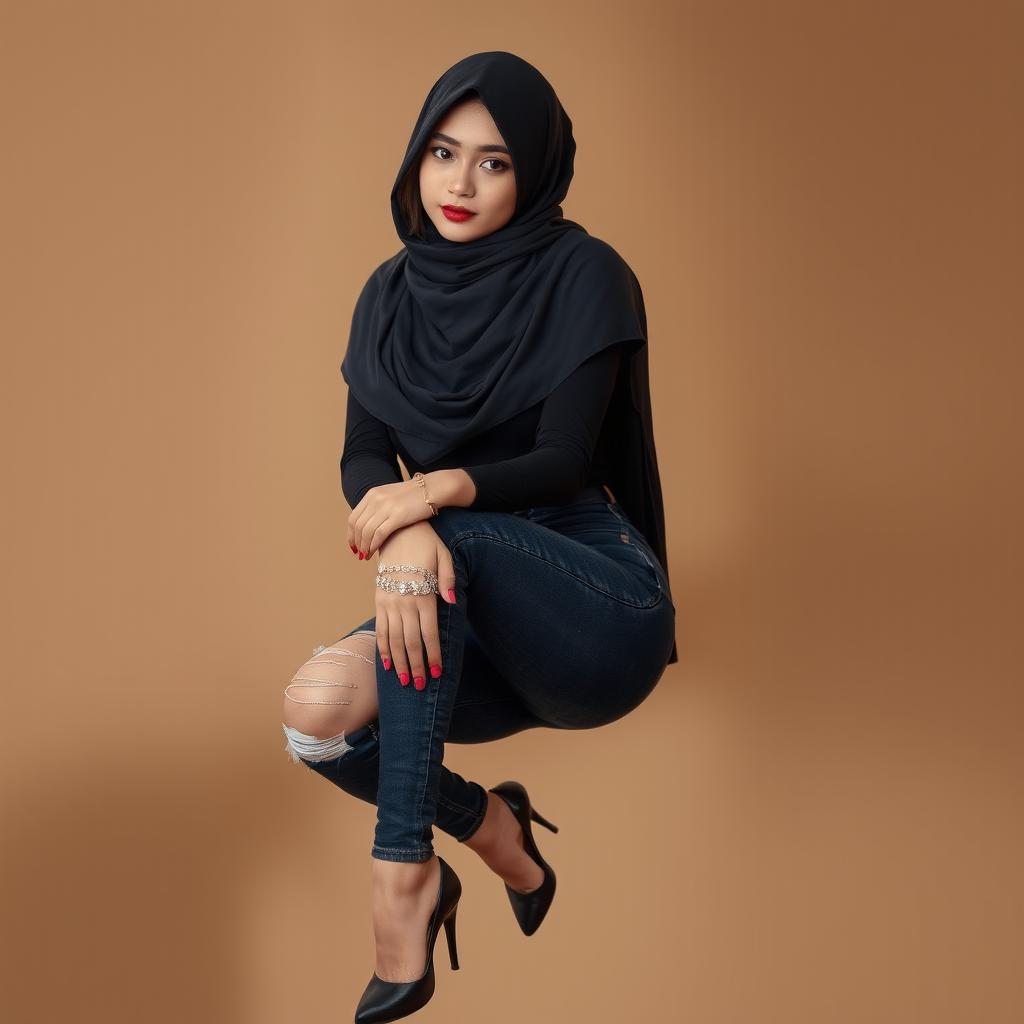 A captivating photo of a beautiful Asian woman dressed in stylish ripped jeans and high heels