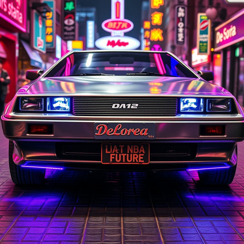 A silver chrome DeLorean car with a highly polished exterior, featuring bright blue headlights that emit a retro-futuristic glow