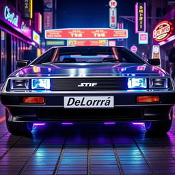 A silver chrome DeLorean car with a highly polished exterior, featuring bright blue headlights that emit a retro-futuristic glow