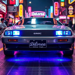 A silver chrome DeLorean car with a highly polished exterior, featuring bright blue headlights that emit a retro-futuristic glow