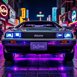 A silver chrome DeLorean car with a highly polished exterior, featuring bright blue headlights that emit a retro-futuristic glow