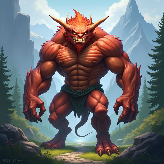 A fantastical muscle-bound creature with exaggerated muscles and striking features, resembling a mythical beast