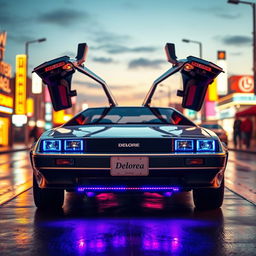 A futuristic silver chrome DeLorean named 'DeLorea,' with its iconic gull-wing doors open wide