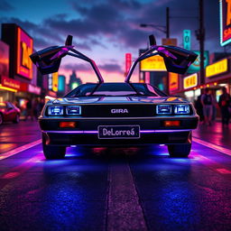 A futuristic silver chrome DeLorean named 'DeLorea,' with its iconic gull-wing doors open wide