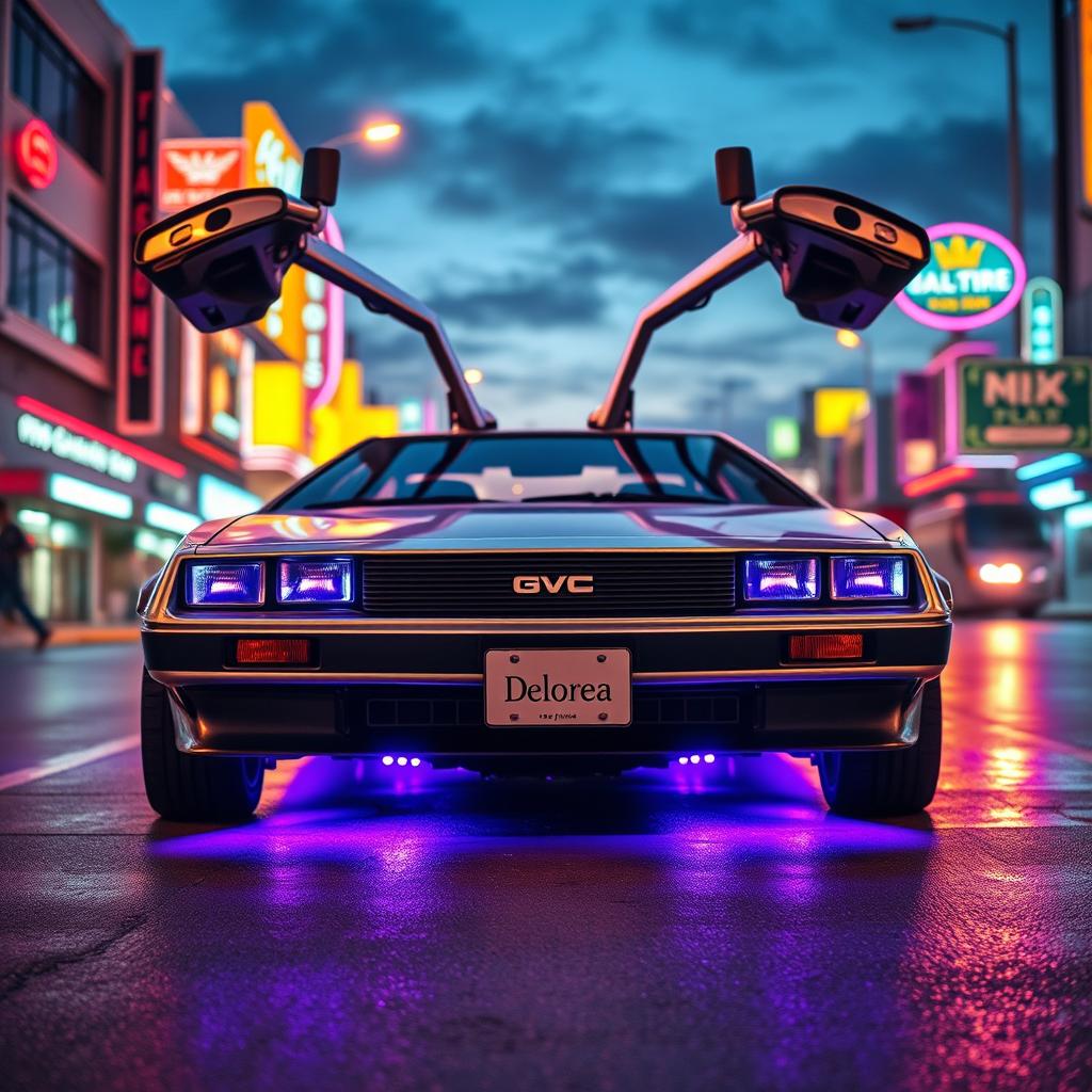 A futuristic silver chrome DeLorean named 'DeLorea,' with its iconic gull-wing doors open wide