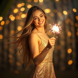 A beautiful young woman with long flowing hair, wearing a shimmering gold dress that sparkles as she moves