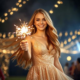 A beautiful young woman with long flowing hair, wearing a shimmering gold dress that sparkles as she moves