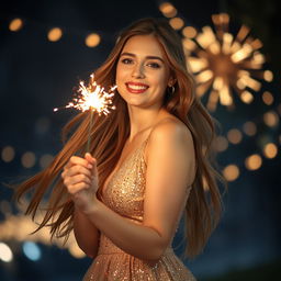 A beautiful young woman with long flowing hair, wearing a shimmering gold dress that sparkles as she moves
