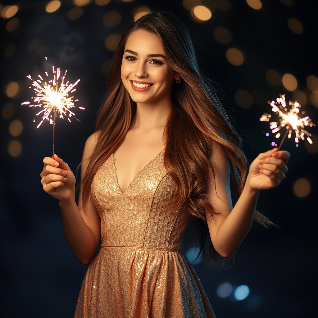 A beautiful young woman with long flowing hair, wearing a shimmering gold dress that sparkles as she moves