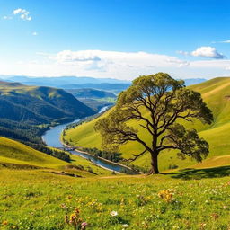 A breathtaking landscape featuring lush, rolling hills under a bright blue sky