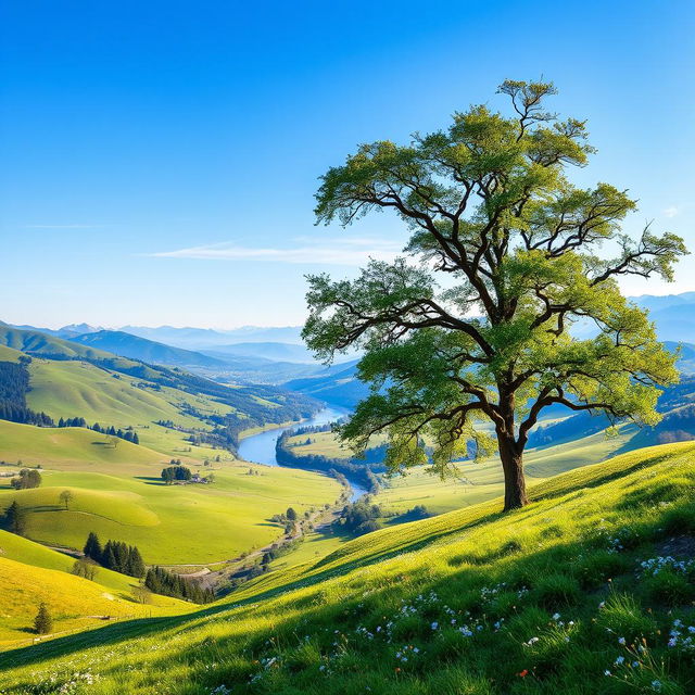 A breathtaking landscape featuring lush, rolling hills under a bright blue sky