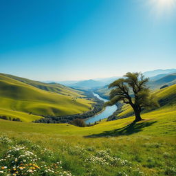 A breathtaking landscape featuring lush, rolling hills under a bright blue sky